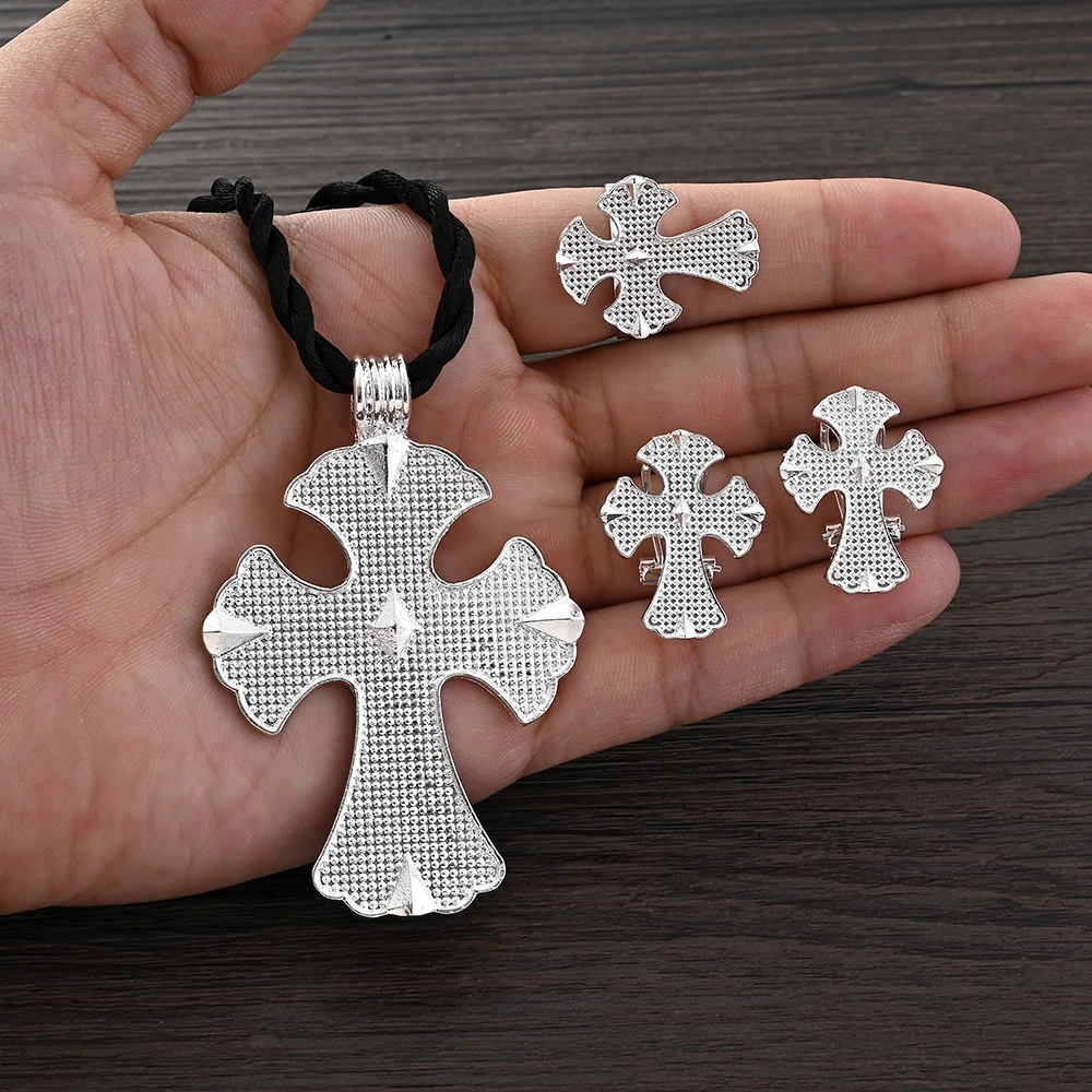 

African Silver Color Cross Jewelry Sets Ethiopian Eritrea Pendant Earrings Rings for Women Girls Engagement Things