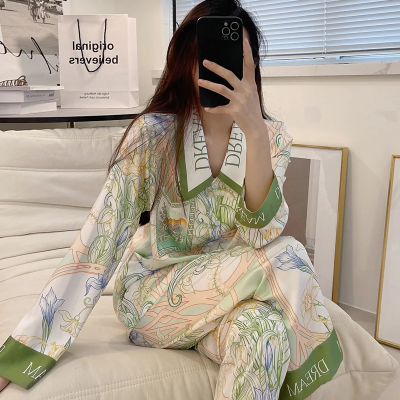 

Green Print Flower Pajamas Suit Women's Loungewear Long Sleeve Shirt&pants Satin 2Pcs Luxury Nightwear Sleepshirt Summer New
