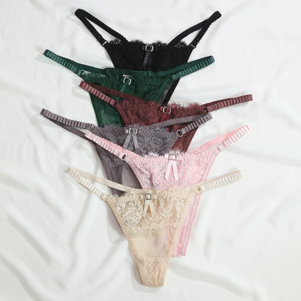 

Women's Sexy Panties Bow Lingerie Ladies Thong Cutout Lace Panties Underwear Low Waist Briefs Side Pleated Lingerie T-panties