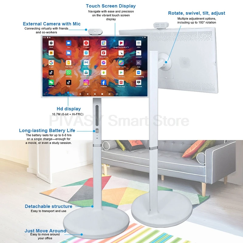 Фото Мобильный 32-дюймовый аккумулятор Android Smart TV Слухайте свободно вращающийся сенсорный экран Подвижный портативный выстроенный 12-мегапиксельный планшет с камерой в прямом эфире №2