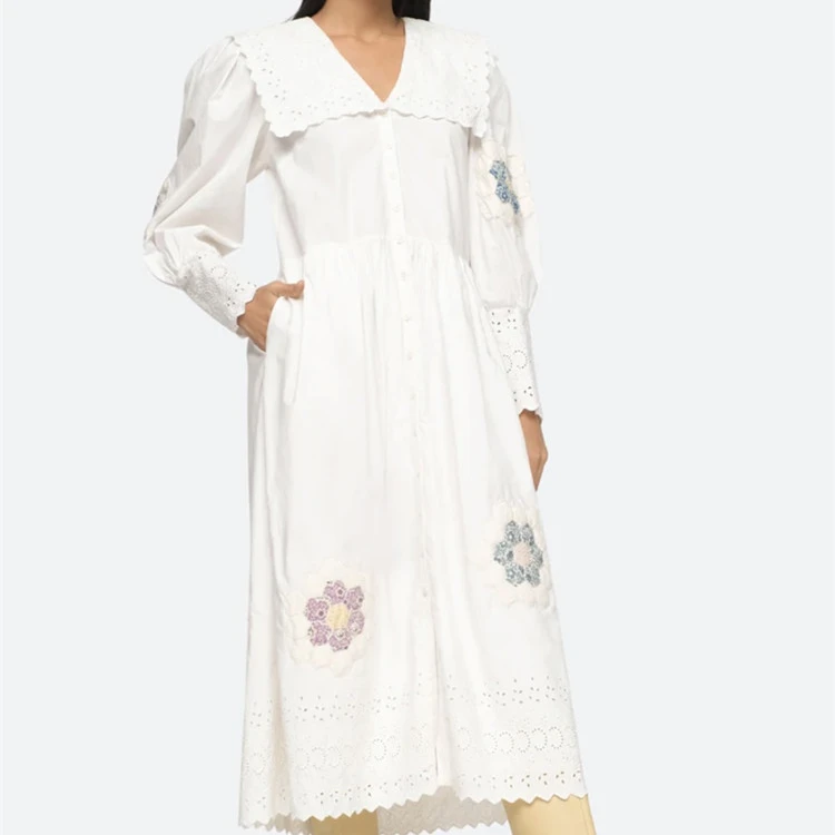 

Three-dimensional Embroidered Women's White Midi Dress Sailor Collar Hollow out Puff Sleeve Female Robe