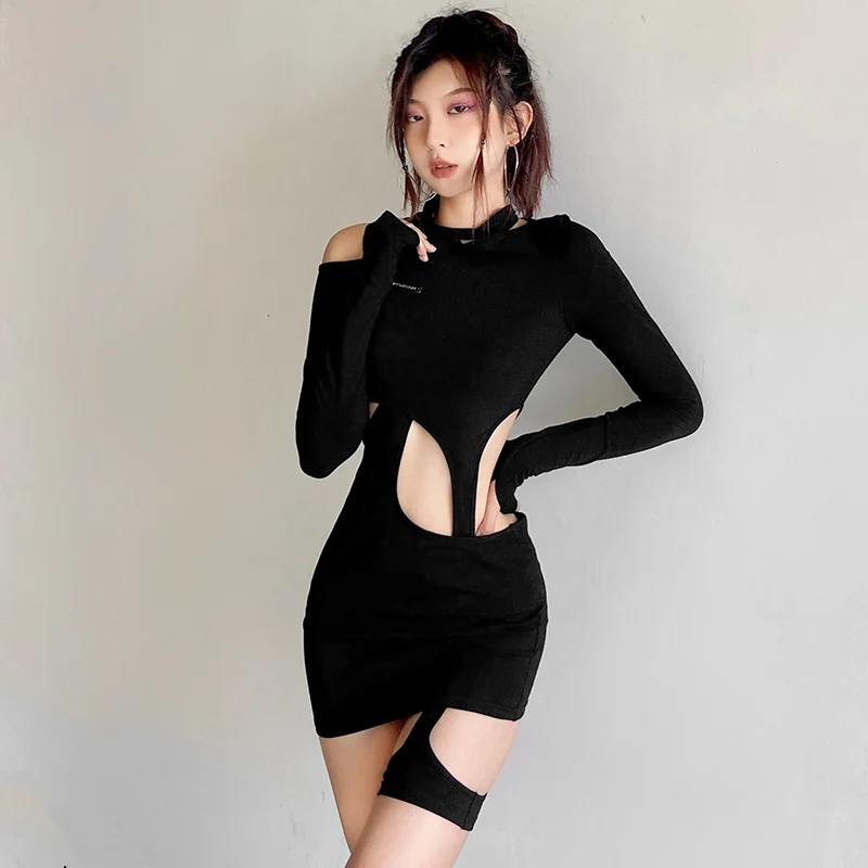 

Women's Sexy Hollow Waist Dress Thin Solid Color Hip Wrap Skirt Two Piece Set Fashion
