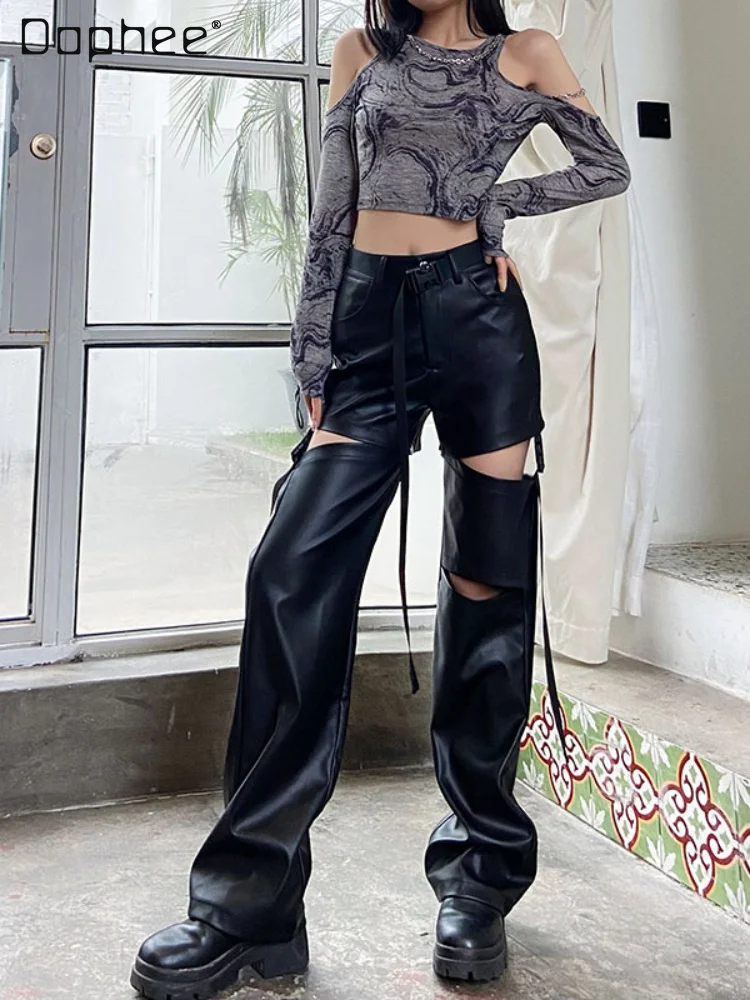 

2023 Fall New Fashion Buckle Black Cut-out Leather Pants Women's Loose Cool High Waisted Straight Hollow Out Leather Trousers