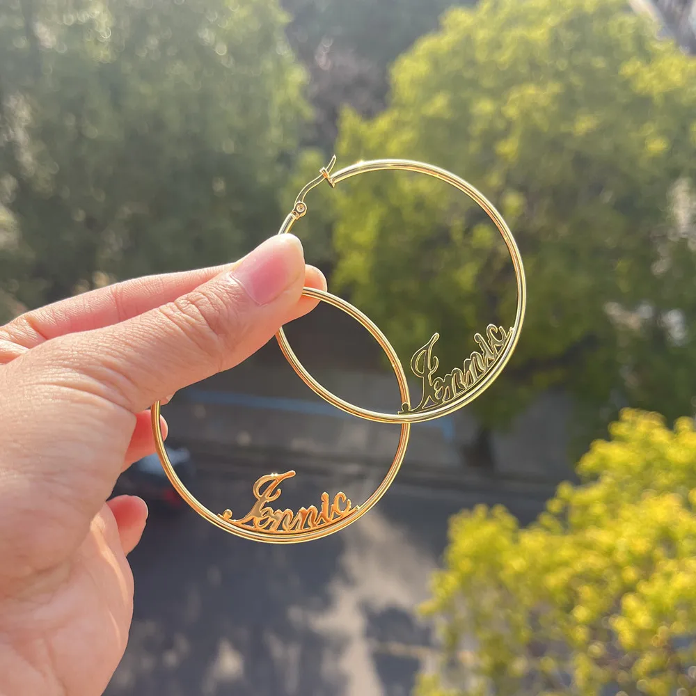 LW Custom Name Hoop Earrings Women Personalized Letters Stainless Steel Nameplate Circle Earring Gifts