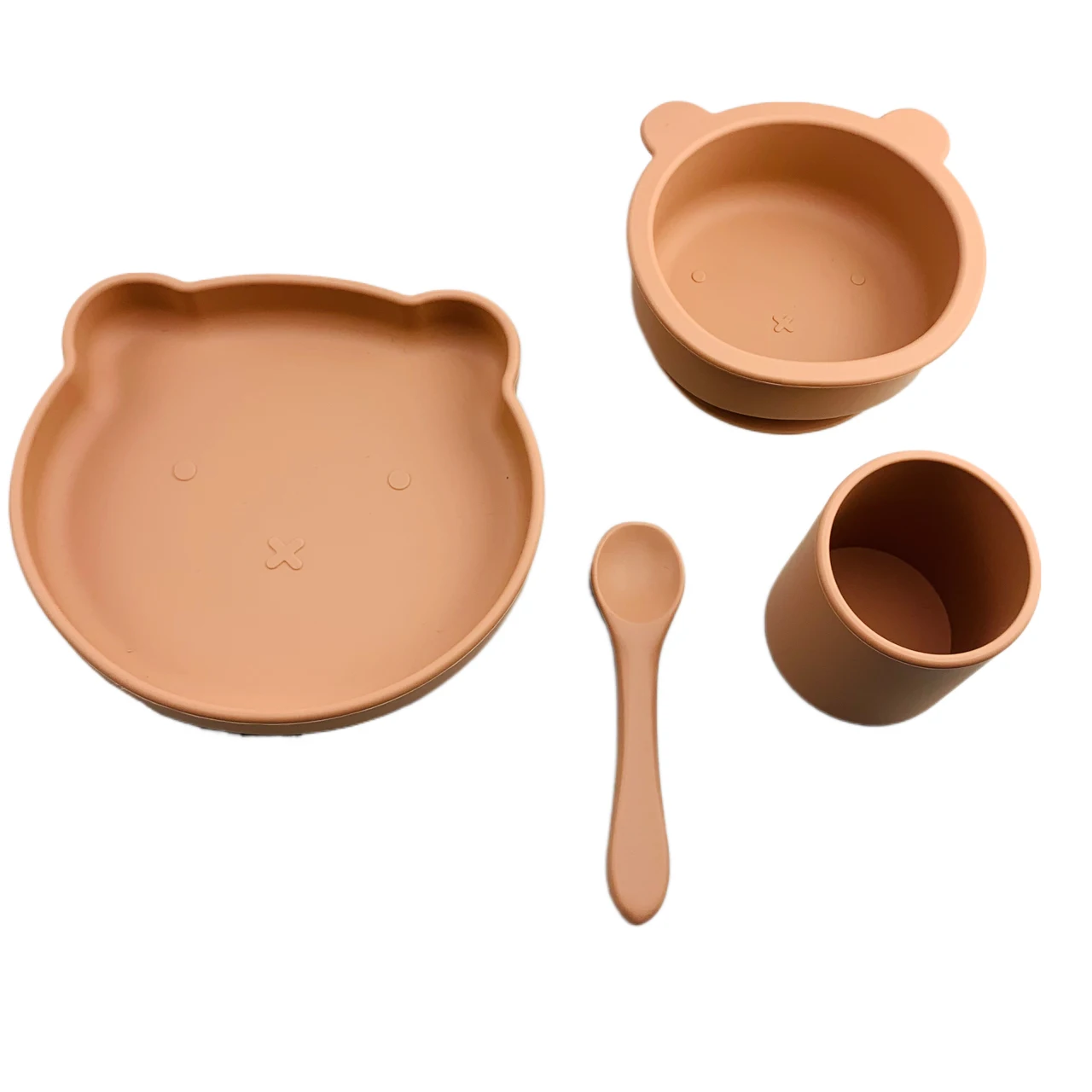 

Custom Logo Cartoon Bear Colorful Silicone Dinner Plate Powerful Suction Cup BPA Free Wooden Handle Fork Spoon Child Feeding Set