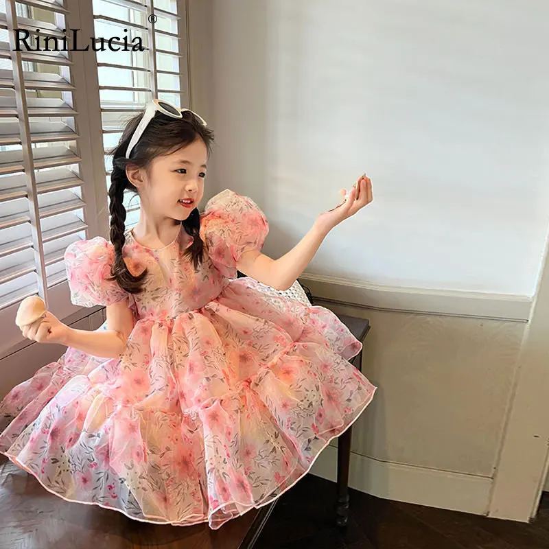 

RiniLucia 2023 Summer Girls' Dress Ball Gown Puff Sleeve Sweet Princess Dress Floral Children'S Baby Kids Clothing For Girls