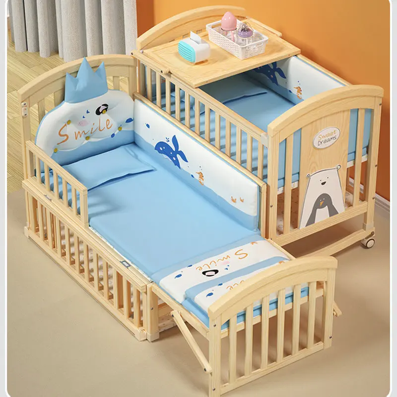 Multifunctional Baby Crib, Can Extend To 12 Ages Elder Children Bed, Solid Wood Movable BB Cradle Cot