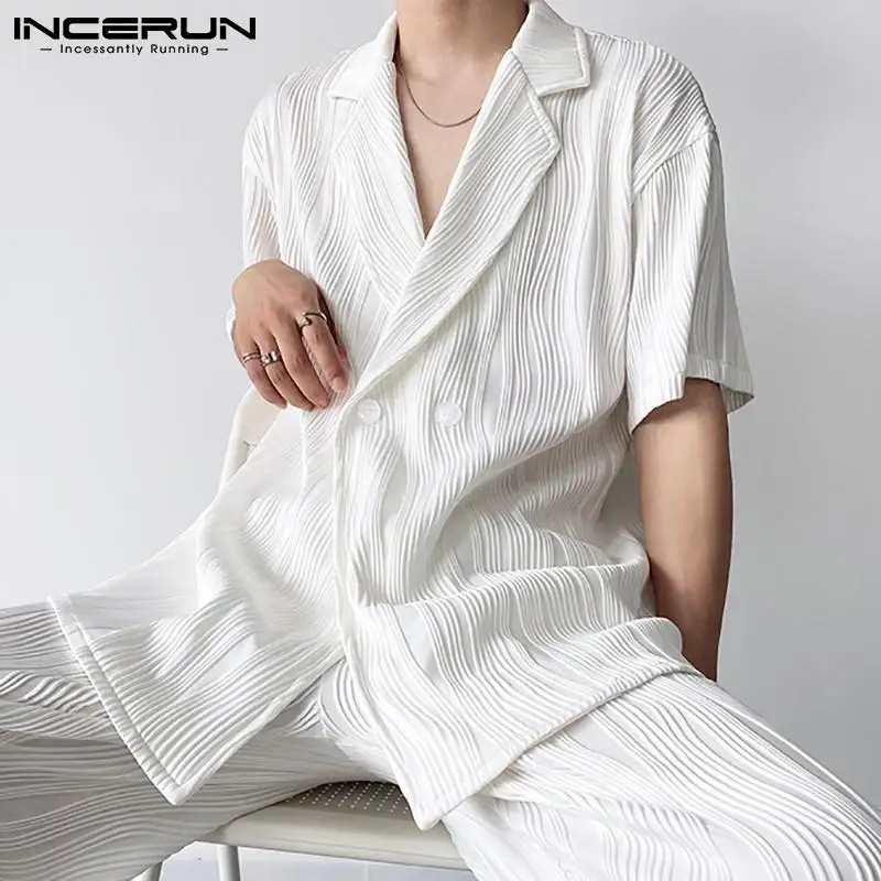 

Красивая хорошо облегающая Мужская блузка рубашки с коротким рукавом рукав до локтя воротник с лацканами стильные уличные рубашки S-5XL INCERUN ...