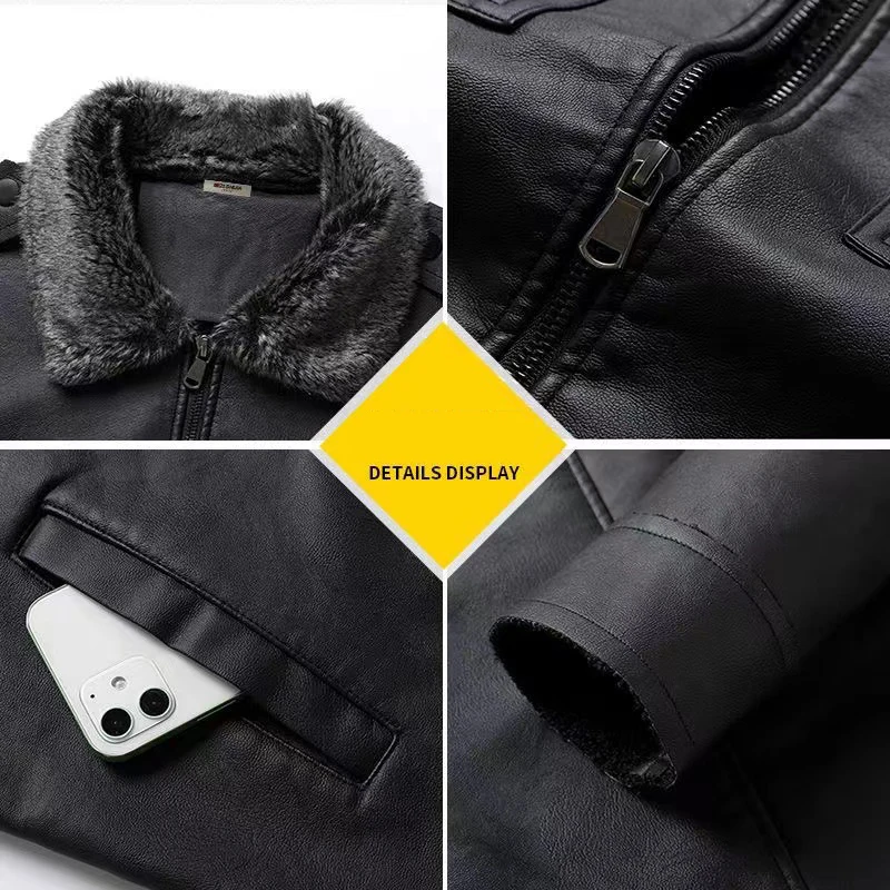 Men's Fleece Leather Jacket Autumn Casual Warm Sports Jacket Windproof Lapel Leather Jacket Menswear Fur Collar Coat Cold