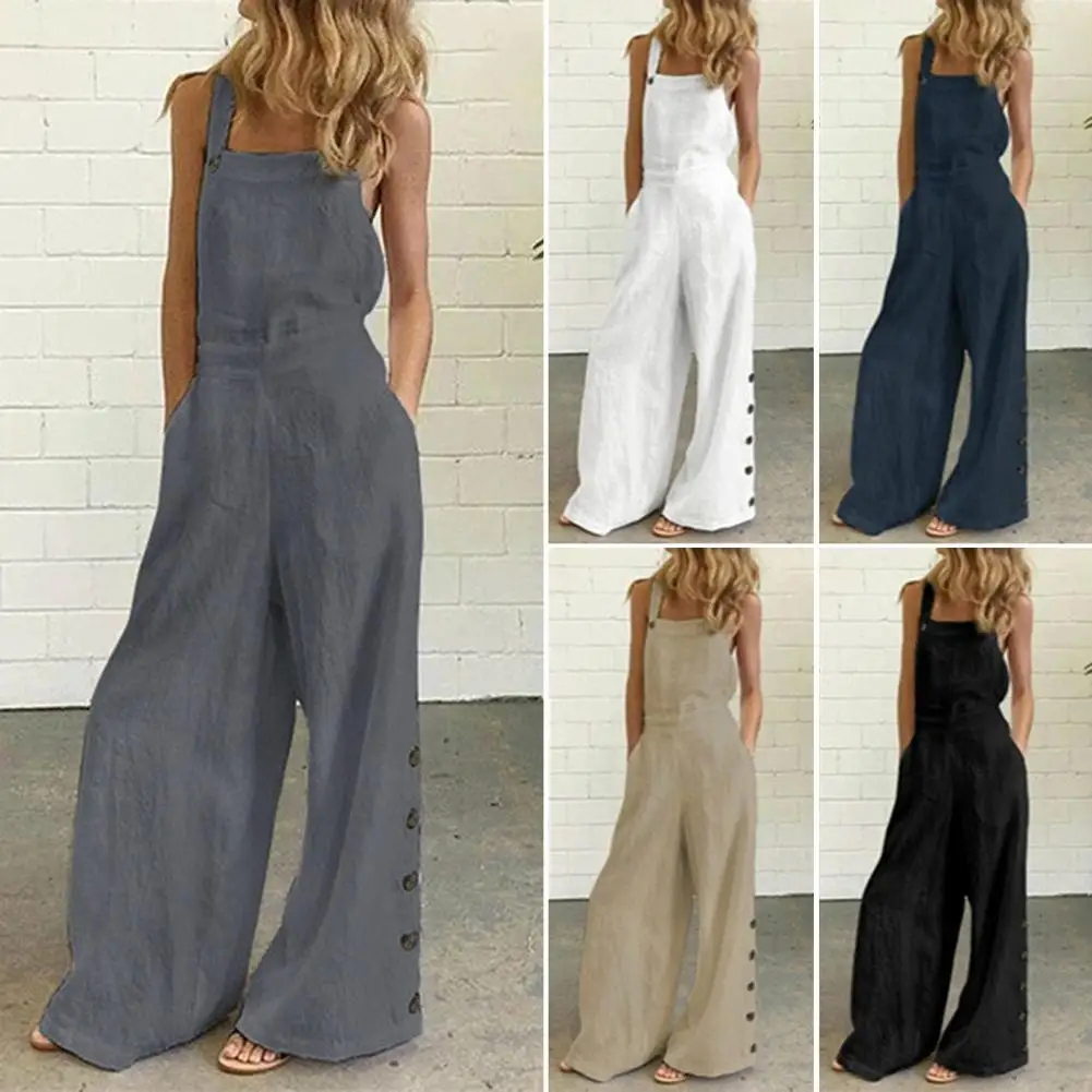 

Women Jumpsuit Pure Color Low Cut Plus Size Side Buttons Sleeveless Jumpsuit for Daily Life