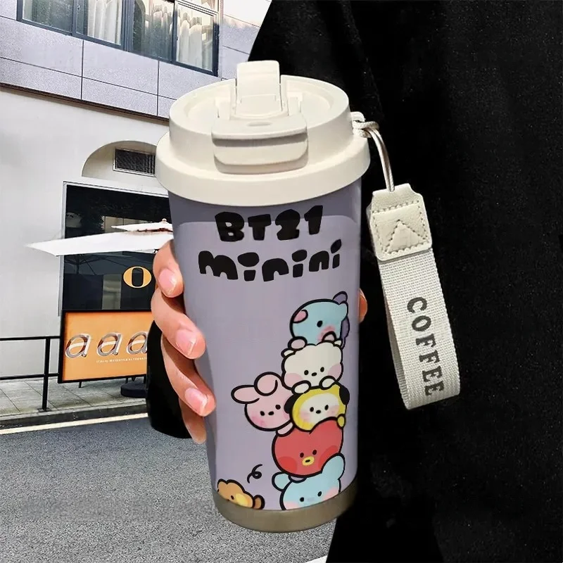 Фото 520 мл Bt21 Изолированная чашка из нержавеющей стали Kawaii TATA CHIMMY COOKY Спорт на открытом воздухе Портативная двухслойная чашка для воды большой емкости №2