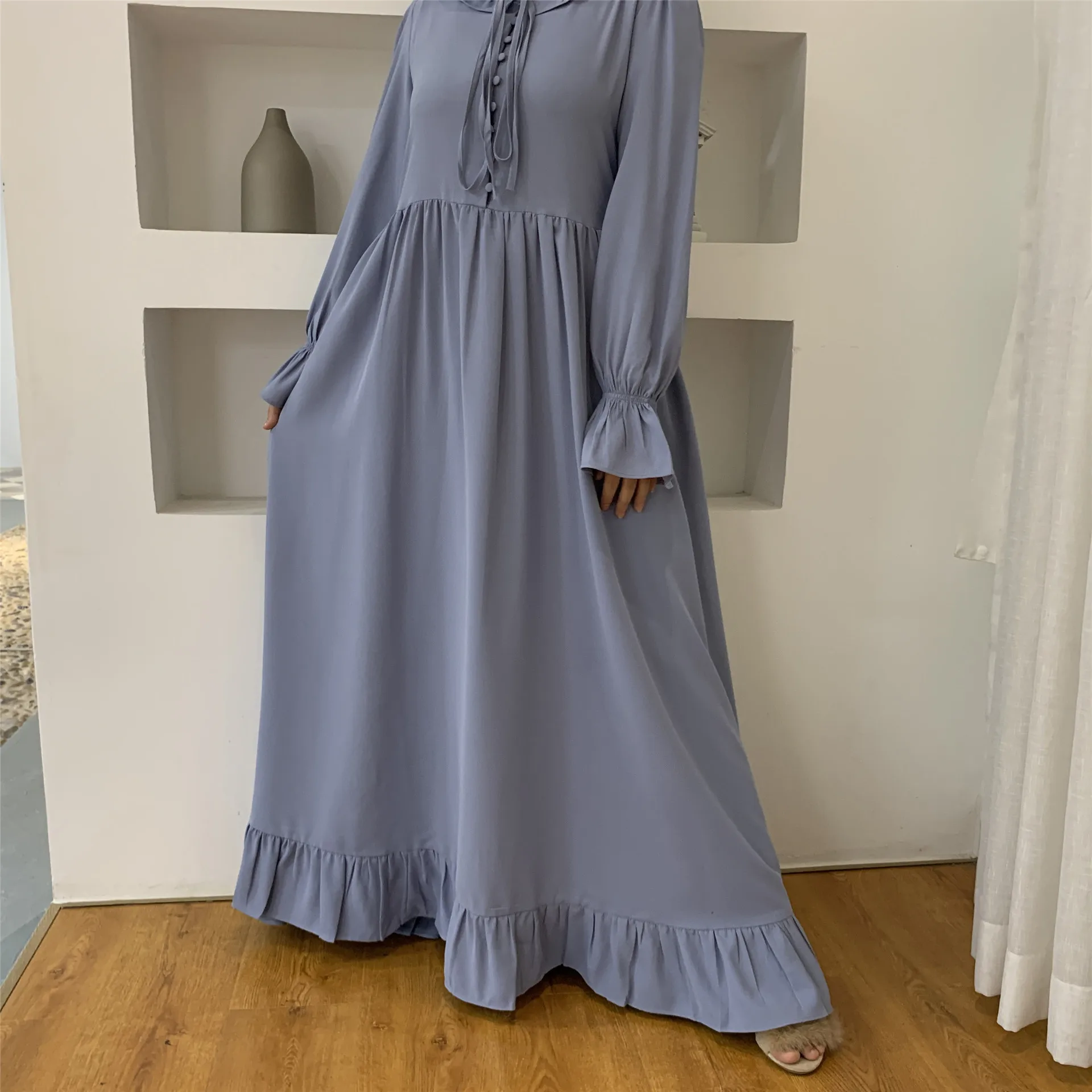 2022 New Fashion Women'S Solid Color Stitching Large Swing Muslim Dress Dubai Turkish Elegant Chiffon Robe Платье Женское Cm266
