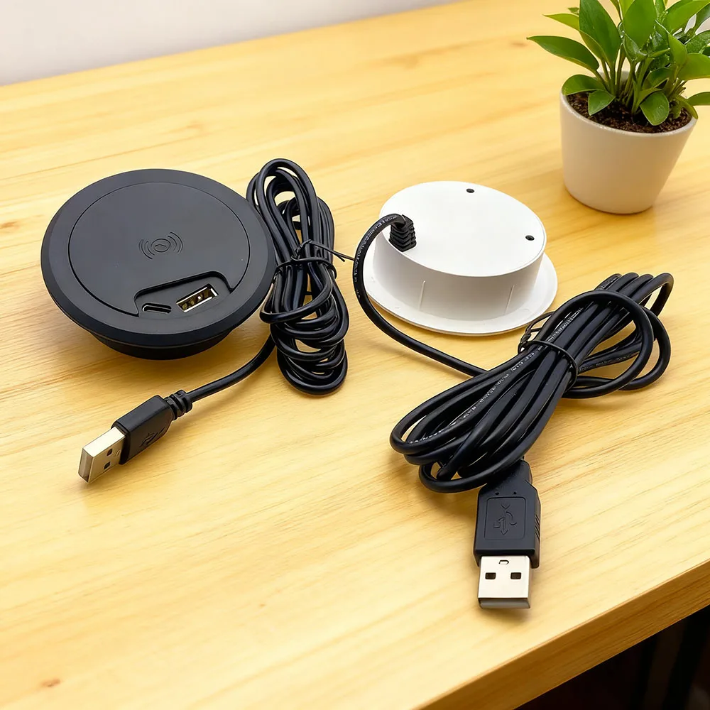 Фото 15 Вт, 5 В, настольная встроенная розетка USB + Type-c, беспроводное зарядное устройство, компьютерный стол, уплотнительная крышка с круглым отверстием, круглая скрытая панель 60 мм №1