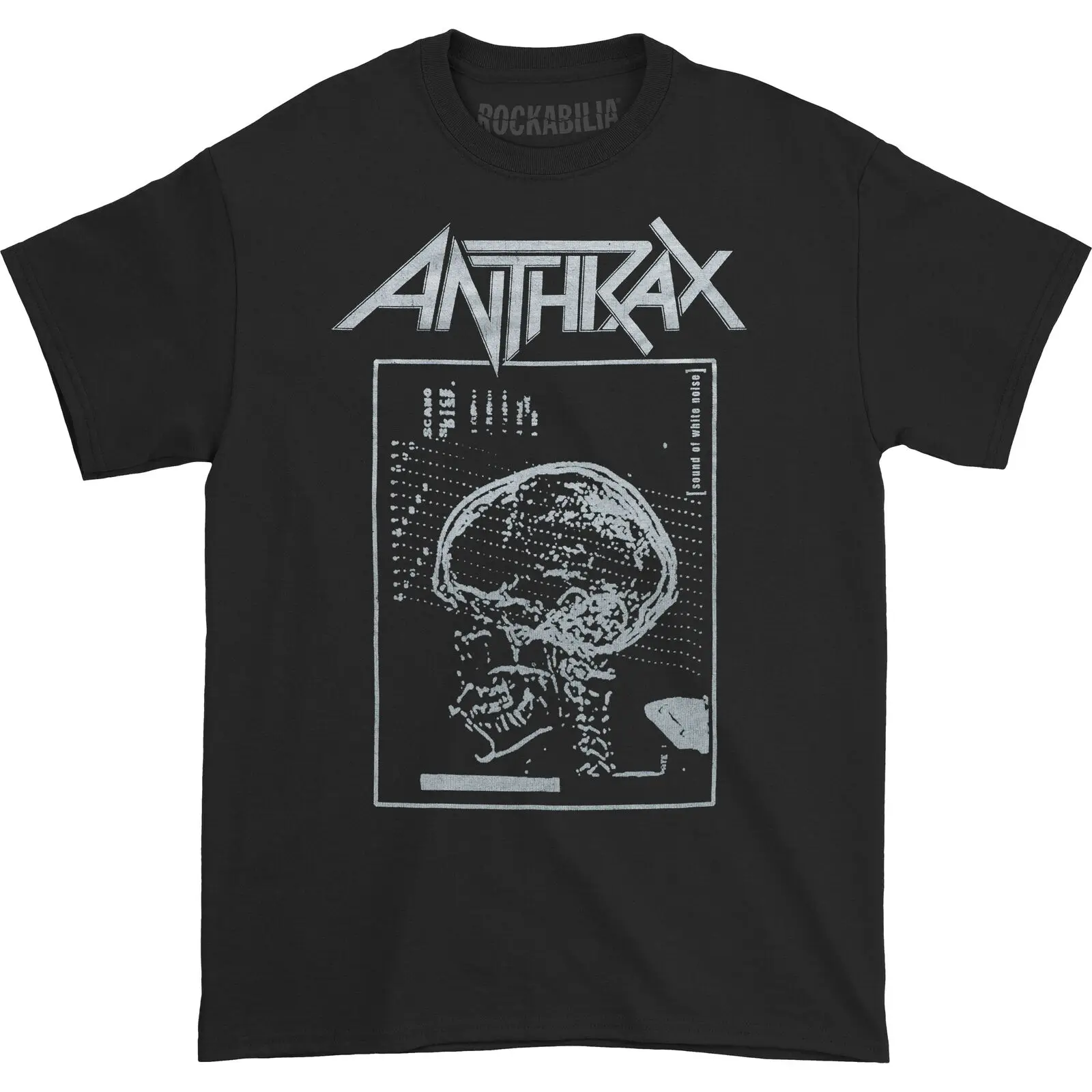 Фото Мужская белая шумовая футболка Anthrax, маленькая черная №1