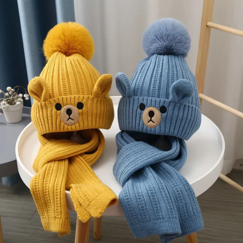

Warm Kids Hat Scarf Set Cartoon Bear Crochet Bonnet for Toddler Boy Girl Outdoor Autumn Winter Hat Scarf Set for Kids 3-10years