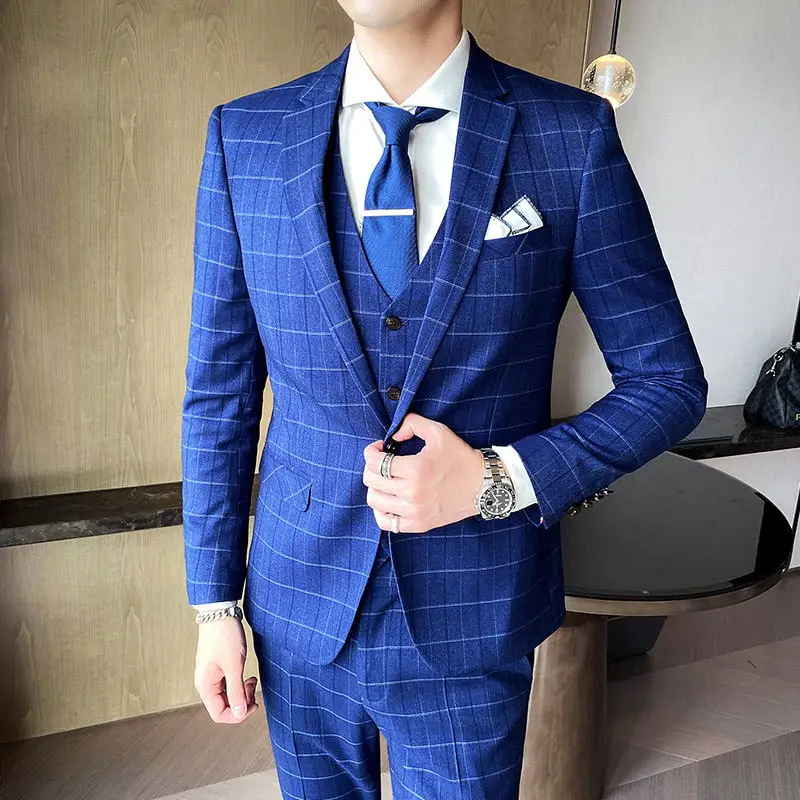 

Boutique S-5XL (Blazer + Vest + Trousers) Italian Style Elegant and Fashionable Business Casual Gentleman Plaid 3-piece Suit