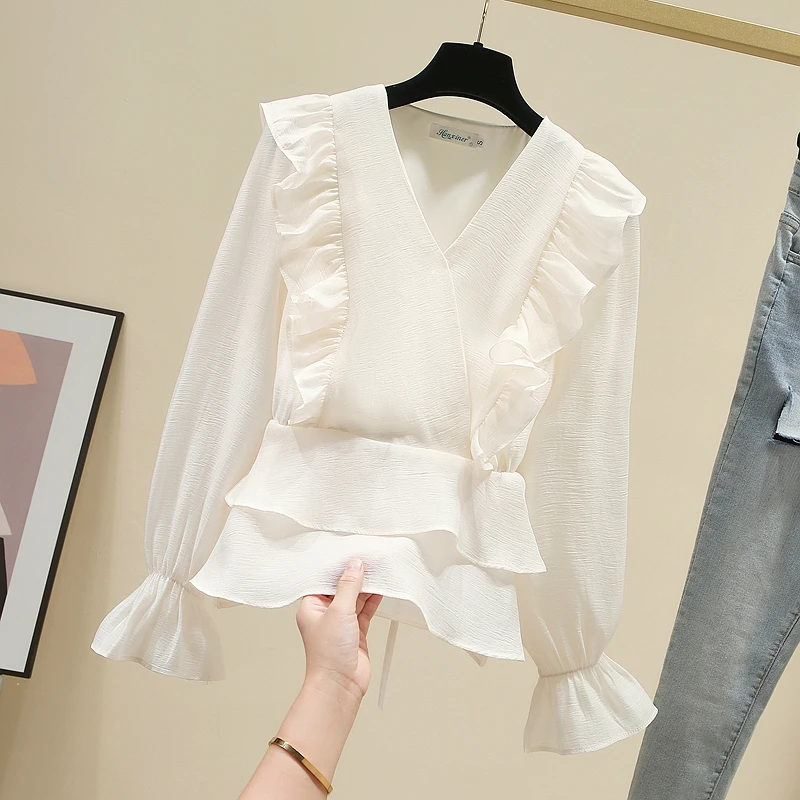 

Женская шифоновая блузка с оборками, длинным рукавом и V-образным вырезом