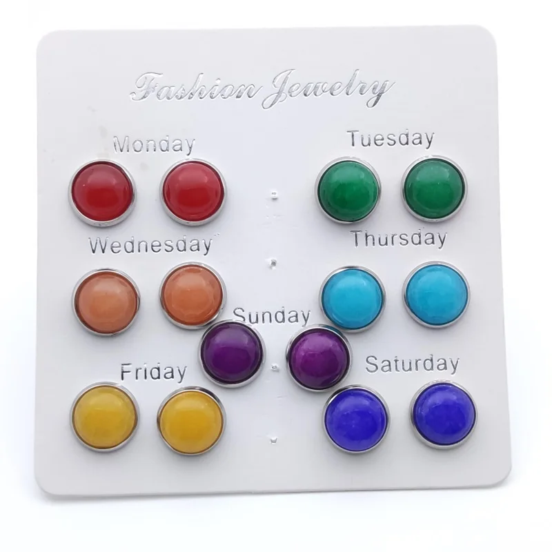 

7 Chakra Natural Stone Stainless Steel Stud Earrings Set Weekly Daily Healing Crystal Quartzs Fashion Ear Jewlry for Women Girl
