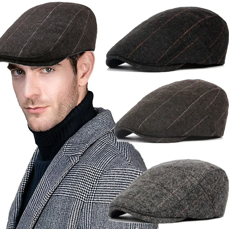 

Newsboy Hats Autumn Winter British Western Style Striped Berets Caps Warm Wool Advanced Flat Ivy Cap Vintage Beret for Men
