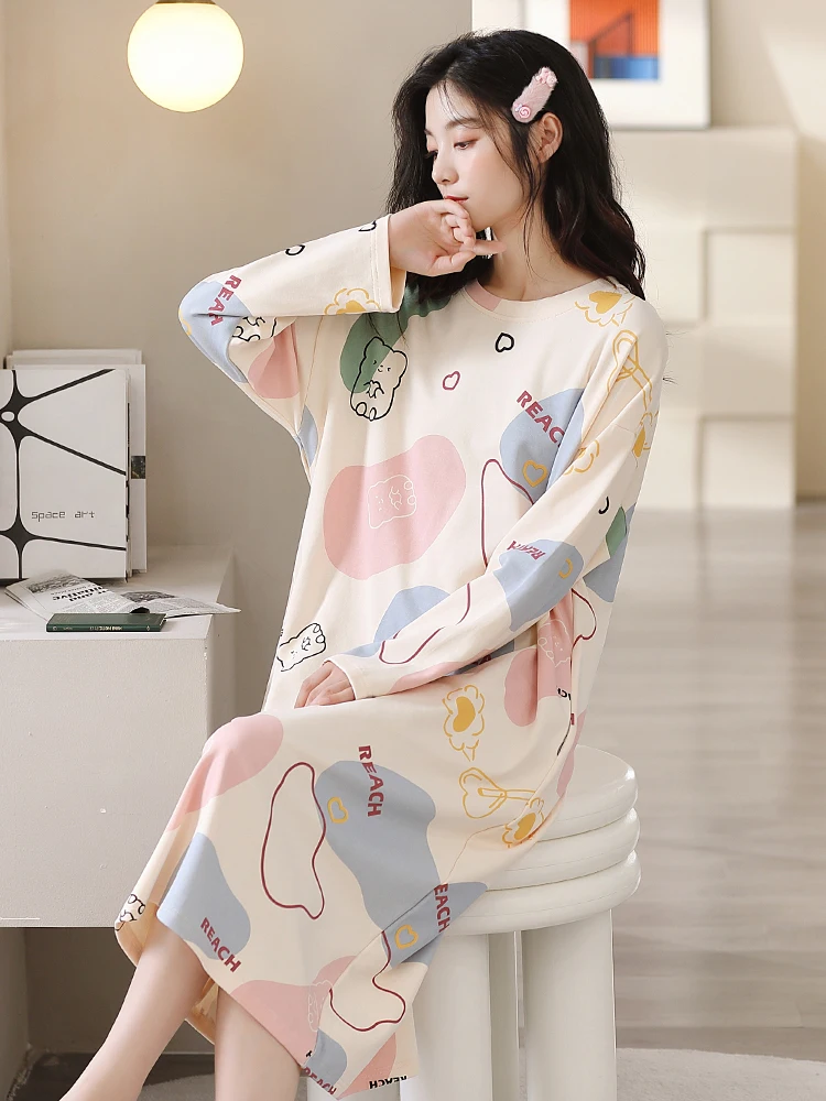 Ночная рубашка из чистого хлопка женская весна и осень 2024 новое платье Materni с