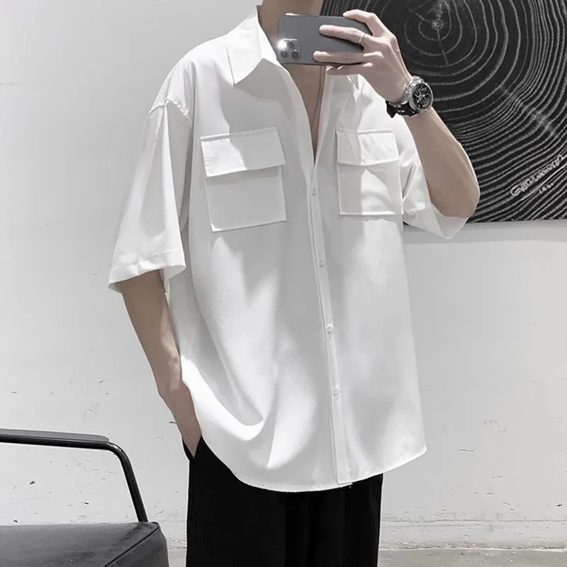 

2023 Short Sleeve Mens White Turn Down Collar Basic Casual Teen Gril Student Oversize Shirt Mens Loose Blouse