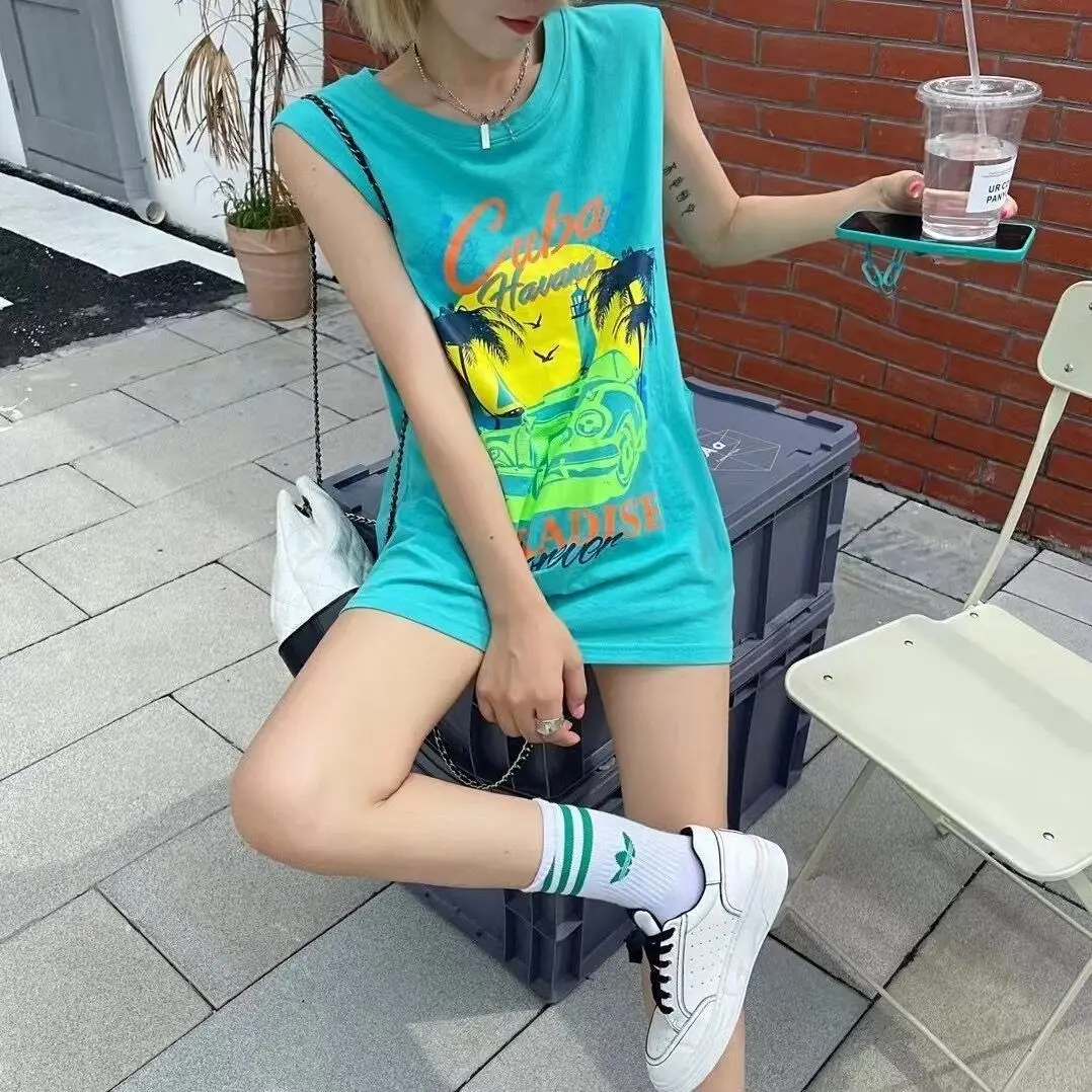 

Mid Length Sleeveless T-shirt Women Loose Fitting Outerwear Vest Summer Ins Cuffs Hong Kong Summer Color Clash Top