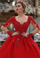 2022 red ball gown formal evening dresses women elegant robe de soiree long sleeves satin lace appliques prom long sleeves dress