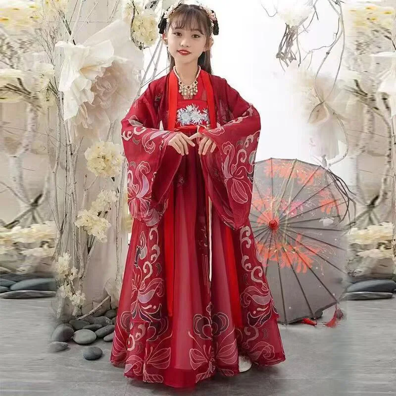 Китайское красное Повседневное платье Hanfu для девочек