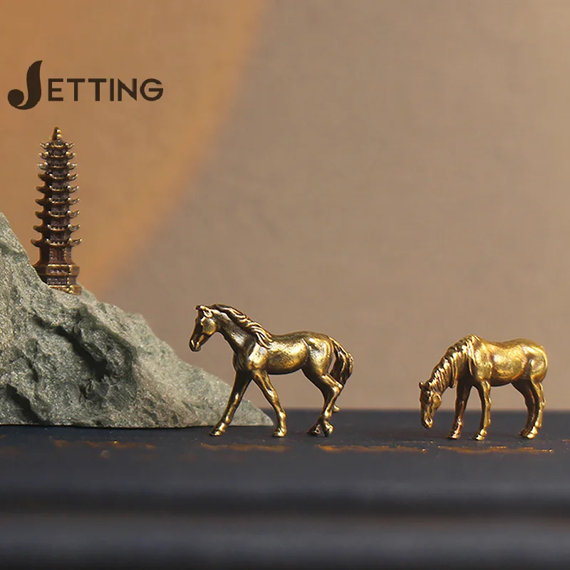 Античная латунь Твердый длинный хвост фигурки лошадей миниатюры фэн-шуй