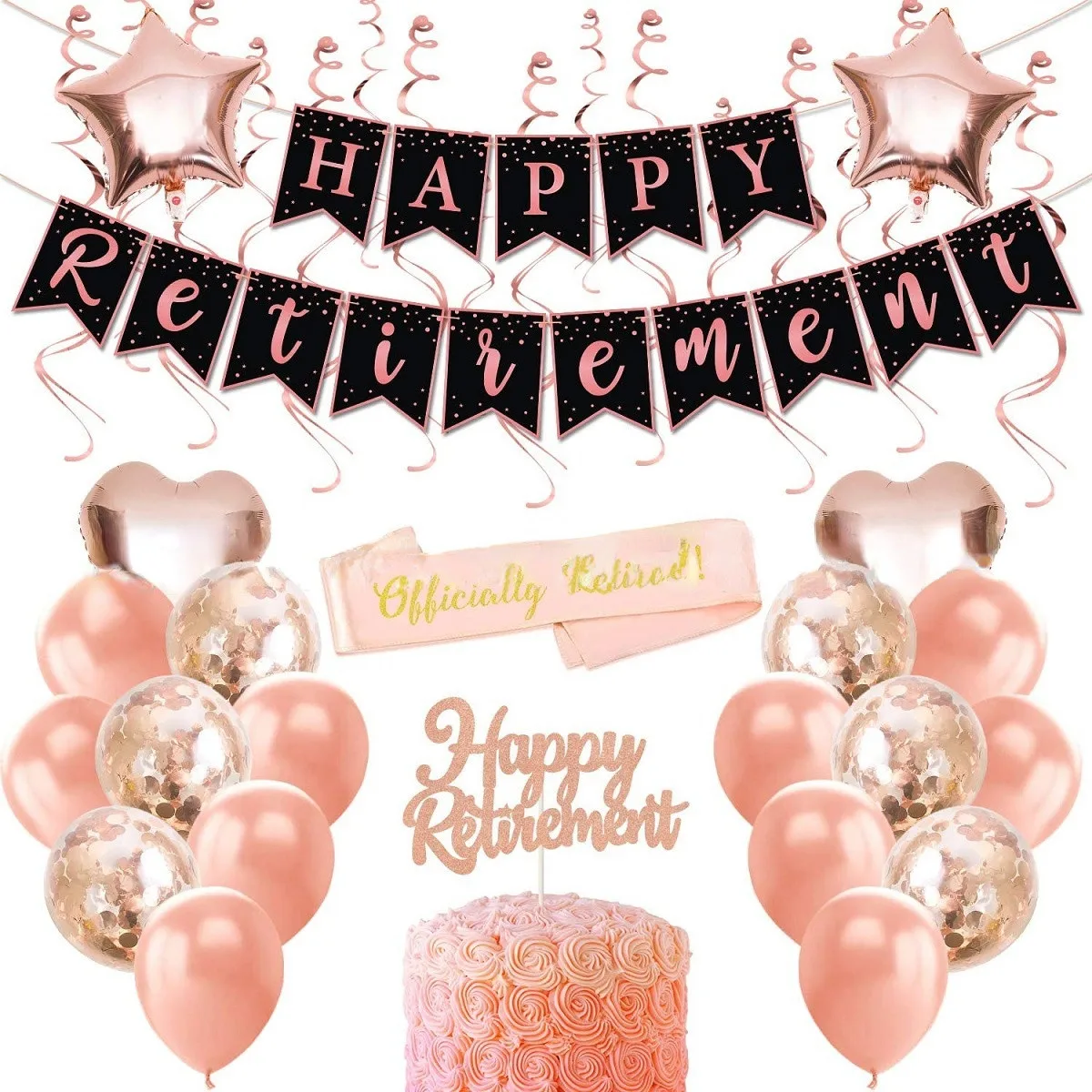 

JOLLYBOOM Rose Gold Retirement Party Balloon Set HAPPY RETIREMENT Banner Sash Heart Star Foil Balloon Hanging Swirl for Women