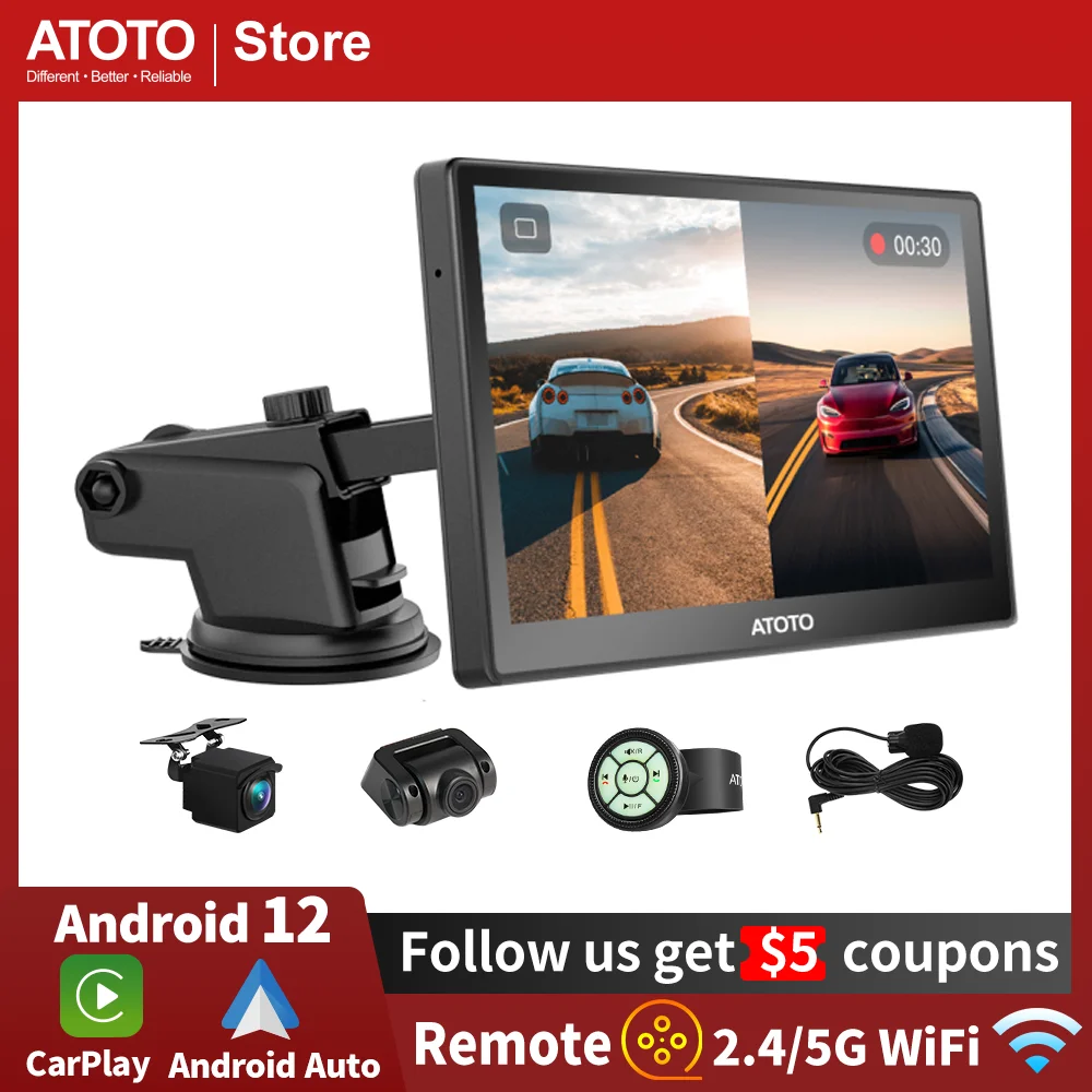 

ATOTO Car Radio P8 Portable 7" in-Dash Navigation Wireless Android Auto CarPlay HD1080P Front/Rear DVR Cam 128G Car Touch Screen
