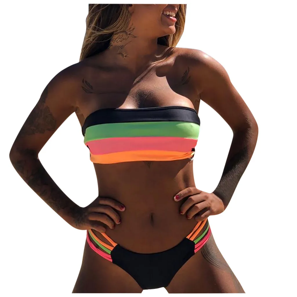 

Bikini Swimwear Push-up Stripes Set Women Colored Padded Bathing Beachwear Bra Swimwears Tankinis Set Swimwears bikini top