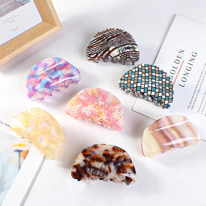 

21 Style Fashion Geometric Ponytail Colorful Checkerboard Hair Claws Temperament Women Flower Print Hair Clip Hair Accessories