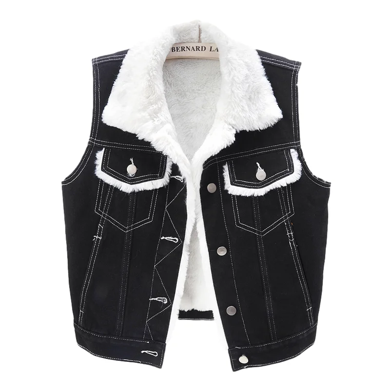 

Winter Thick Warm Lambs Wool Denim Vest Women Blue Black Pocket Sleeveless Cowboy Waistcoat Loose Casual Short Jeans Vest Female