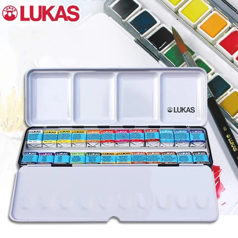 Germany Lukas Solid Watercolor Paint 24 Colors Transparent Professional Watercolor Brush Sketching Portable Palette Metal Box