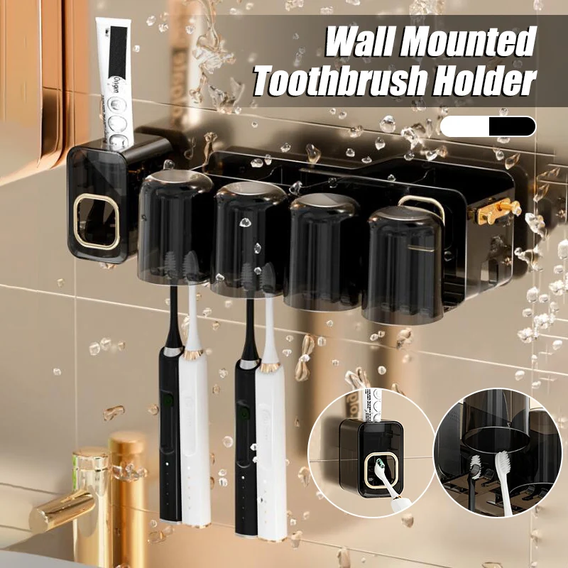 

4 Cups Toothbrush Holder Toothpaste Dispenser Storage Rack Punch-free Wall Mounted Toothbrush Holder Bathroom Accessories