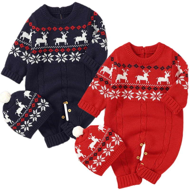 

Christmas Baby Rompers With Hats Winter Red Knitted Newborn Boy Girl Jumpsuits Outfits 2pcs Infant Overalls Toddler Kids Clothes