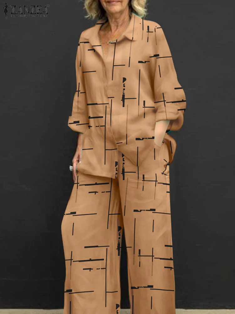 

ZANZEA Two Piece Set Elegant Casual Outfits Long Sleeve Fashion Blouse Wide Leg Long Pants Stripe Printed Matching Sets Suits