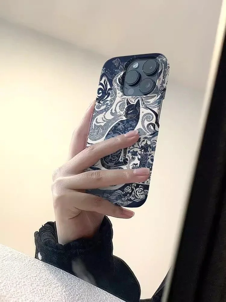 kreatywny INS Cat Totem Ink Tattoo Auspicious Artistic Fashion Etui na telefon iPhone 15 14 11 12 13 Pro Max Plus Back Cover