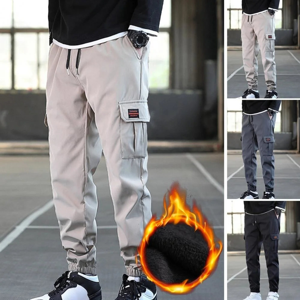 

Men Pants Solid Color Multi Pockets Drawstring Plush Lining Cold Proof Autumn Winter Thicken Ankle Tied Cargo Pants for Working