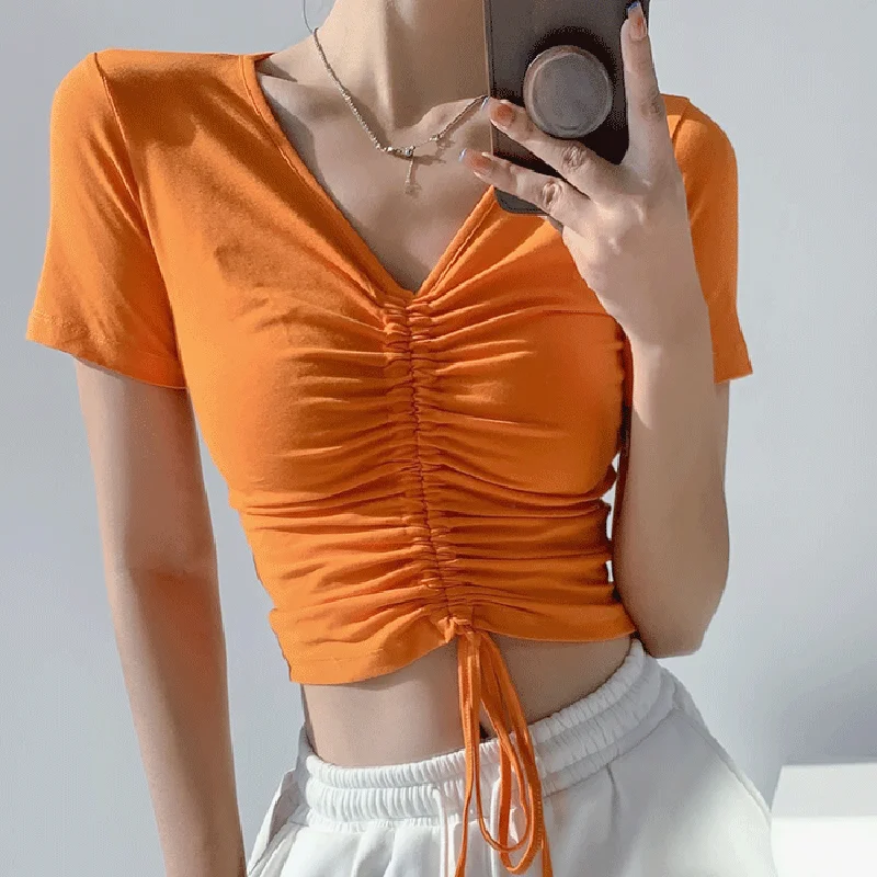 Womens Drawstring V Neck Tees Short Sleeve Crop Top Tshirt 2022 Summer New Slim Cotton T Shirt Women Front Lace Up Woman Clothes