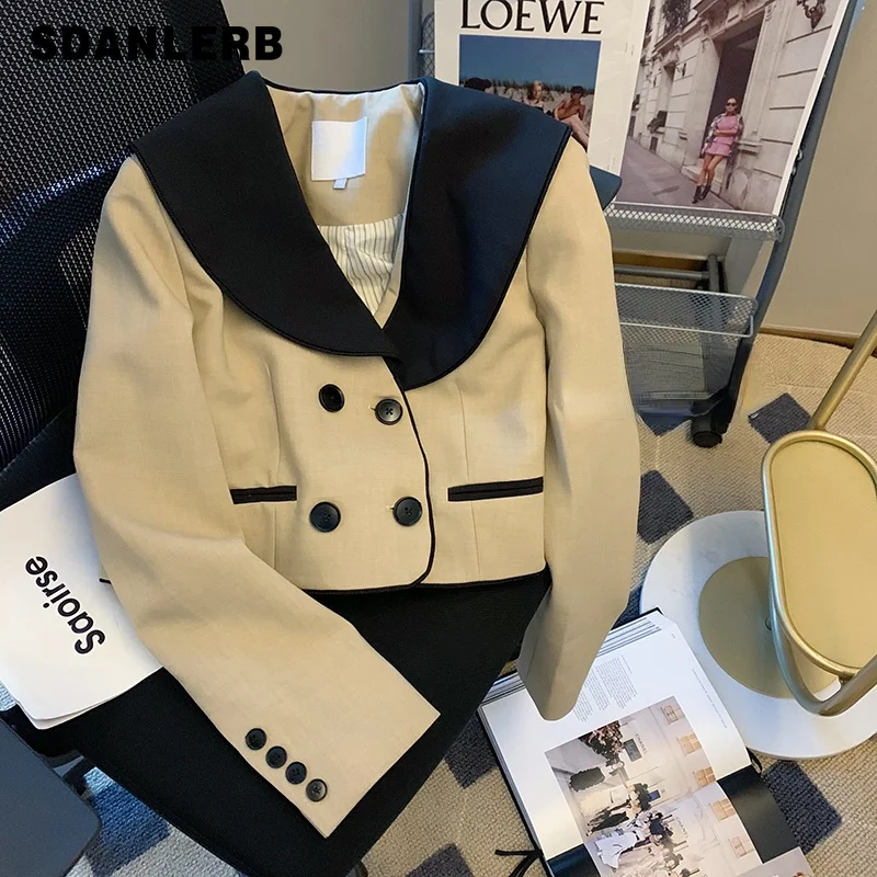 

Contrast-Color Doll Collar Suit Jacket Women's Autumn and Winter 2022 New Loose Clothing Long Sleeve Patchwork Short Coat