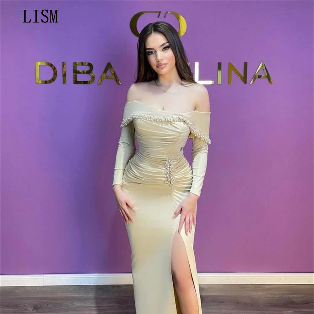 

LISM Elegant Women Off the Shoulder Pearls Evening Prom Gowns Long Sleeves Pleated Formal Wedding Dress Side Slit Vestidos