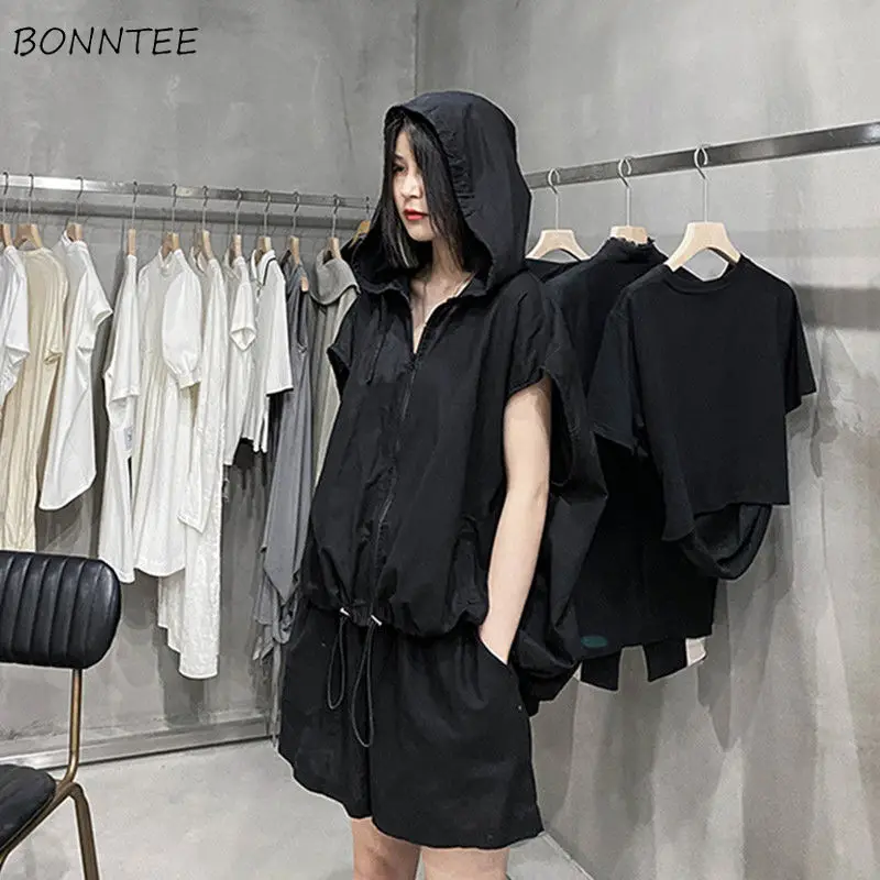 

Sets Women Solid Shirring Pockets Korean Style Daily Casual Fashion Sporty Sleeveless Zipper Cool Hooded Summer Batwing Sleeve