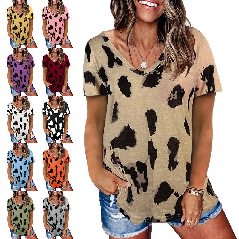 

Setiadia Summer Woman clothes new T-Shirt Leopard Print Top Loose Casual V-Neck Short Sleeve tops shirt For fashion 2022 women