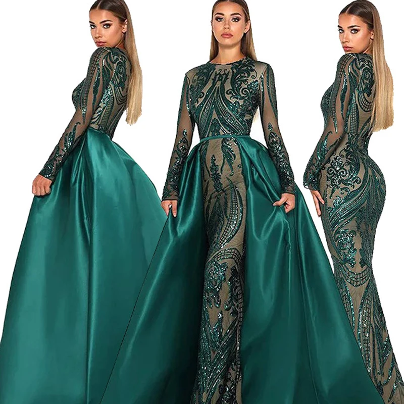 

Dark Green Fishtail Long Sleeve Light Luxury Trailing Lace Wedding Dress Dubai Celebrity Club Women's Evening Dress