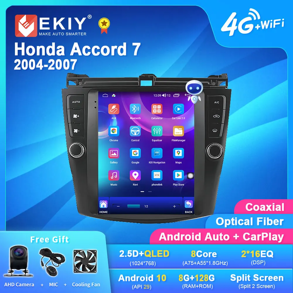EKIY TT7 Android 10 Автомагнитола для Honda Accord 7 2003 -2007 Tesla Style Scre мультимедиа вертикальный