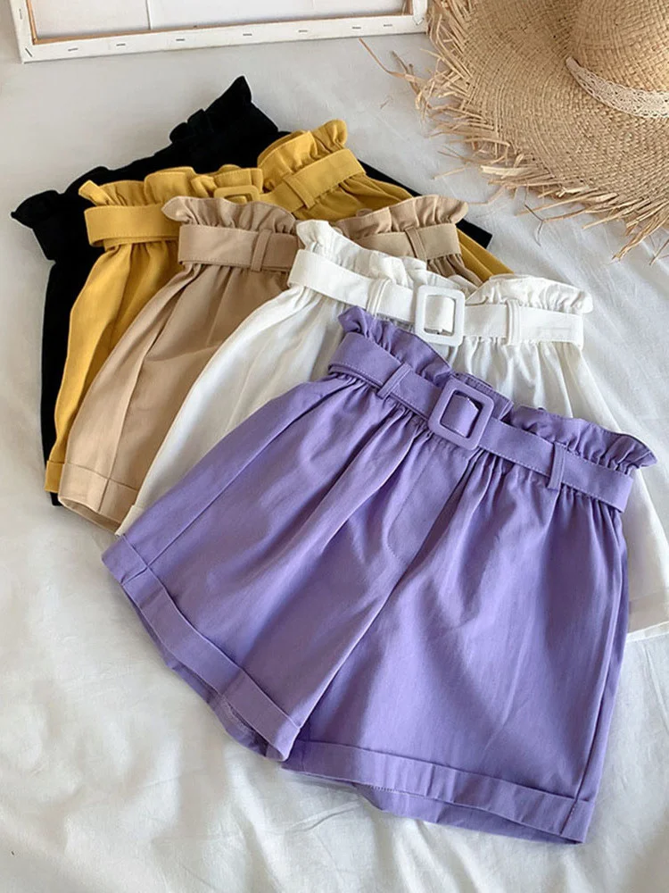 

Шорты женские хлопковые с завышенной талией, повседневные свободные элегантные милые универсальные с широкими штанинами и поясом, в Корейском стиле, на лето