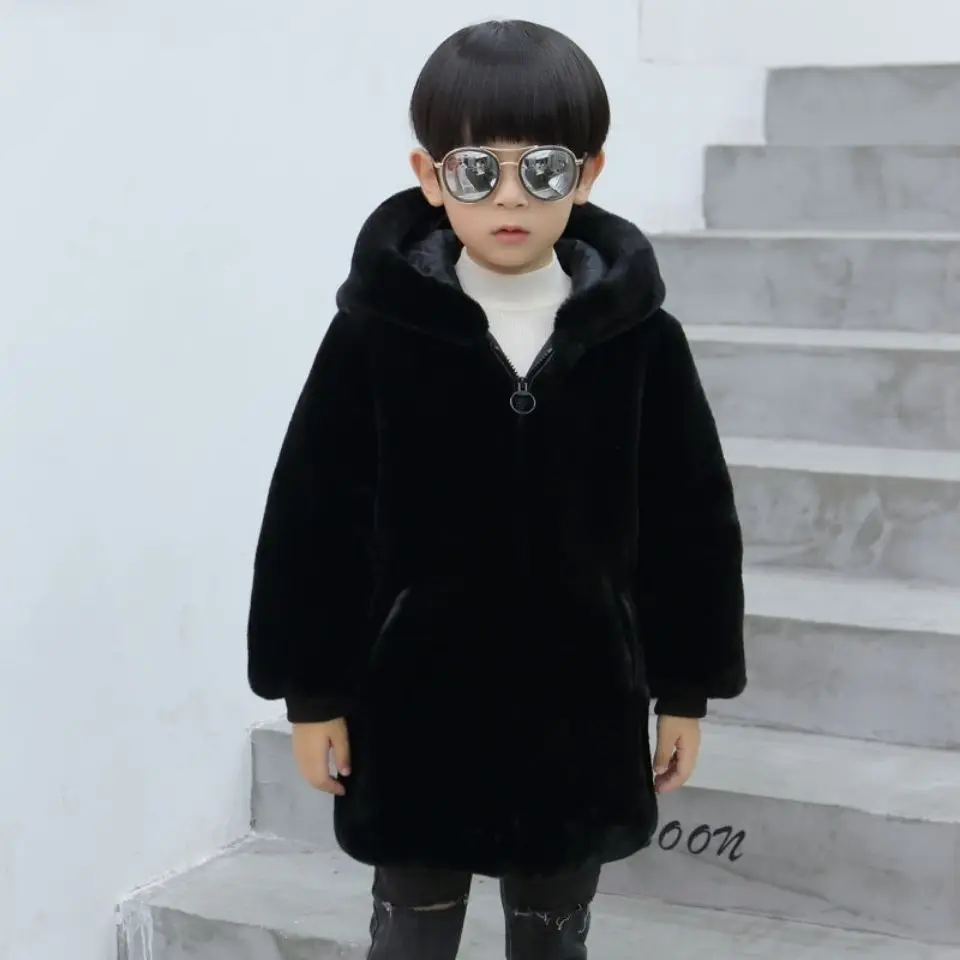 Boys Fur Coat Thick Cotton Children Girls Imitation Mink Plush Windproof Sleeves Hooded Zipper Autumn and Winter