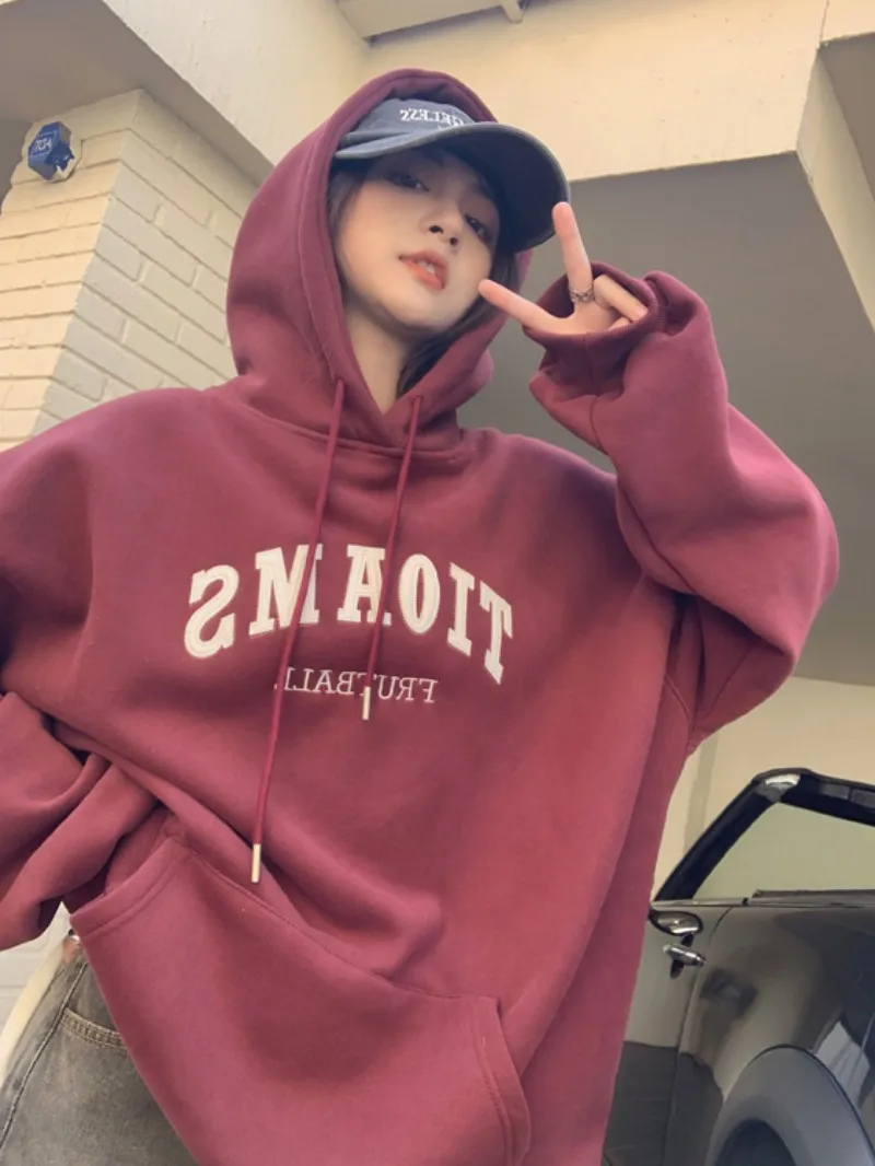 

Winter plus fleece thick letter print pocket classic hooded women's hoodie2023